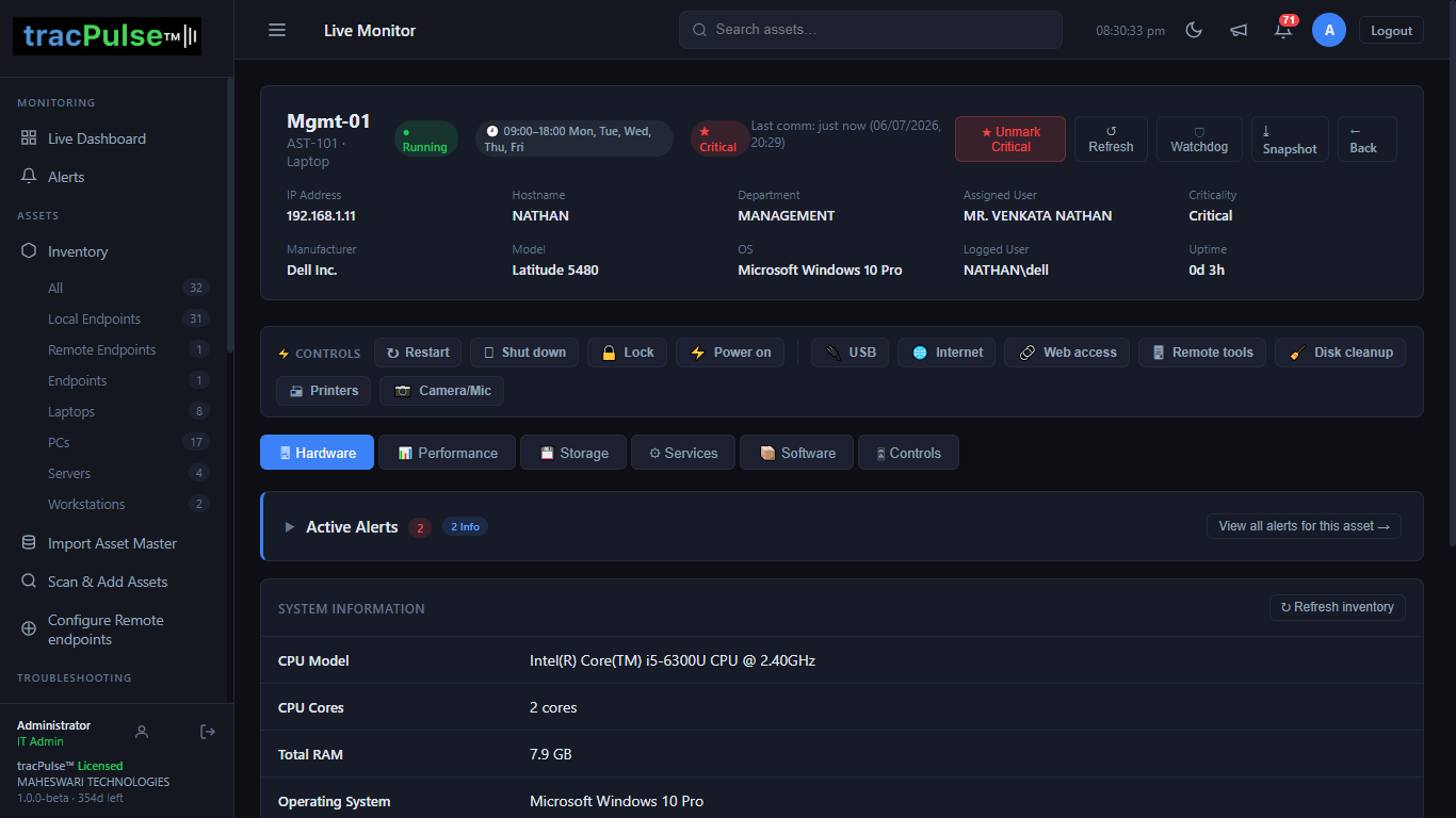tracPulse live per-asset monitor showing hardware, performance and services